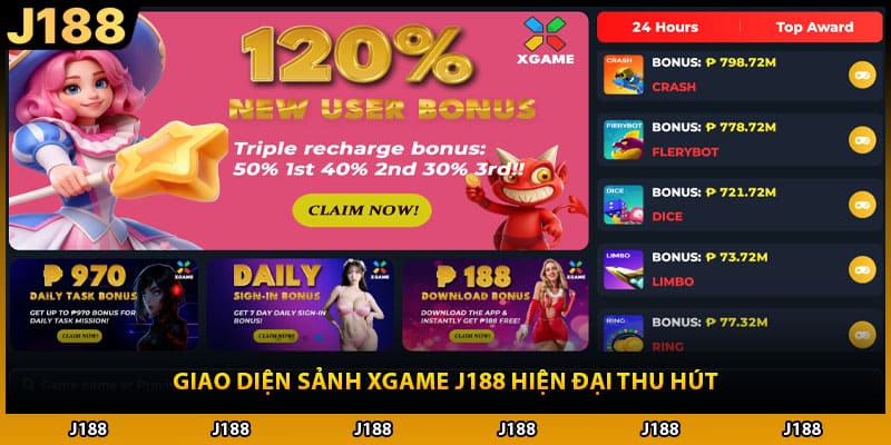 Giao diện sảnh XGAME J188 hiện đại thu hút